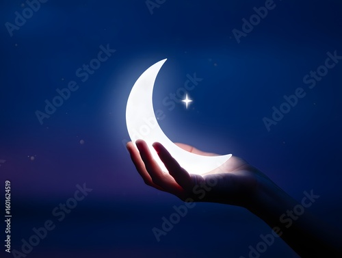 Dreamy night scene with moon in hand and star celestial fantasy concept background