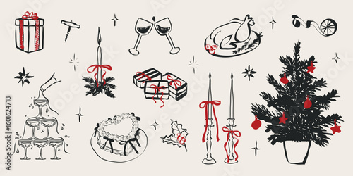 Whimsical chalk doodles of Christmas party. Quirky icons of breakfast and dinner meals in crayon style. Crayon drawing for menus and invitations. La dolce vita charcoal vector illustration