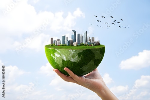 Sustainable city development concept hand holding green earth eco friendly urban growth