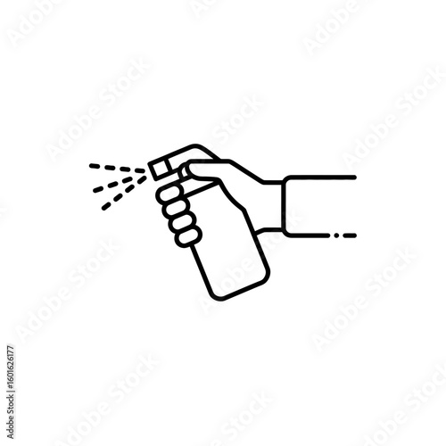 Hand holding a spray bottle and spraying liquid in a dashed line pattern