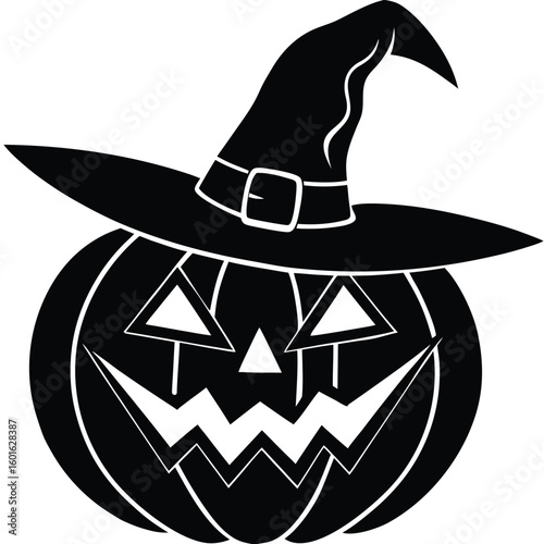 Pure black vector illustration featuring a spooky jack-o'-lantern with a pointed