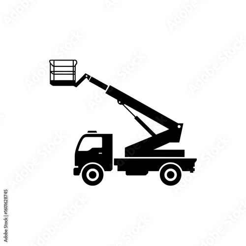 Black silhouette of a boom lift truck with an extended arm and basket