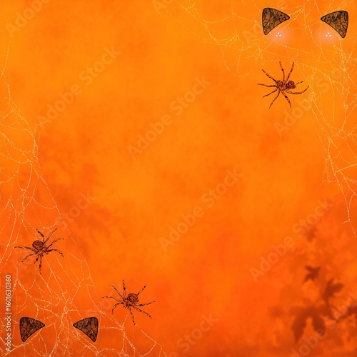 Orange Halloween banner with cobwebs, walking spiders, and a spooky background with space for text