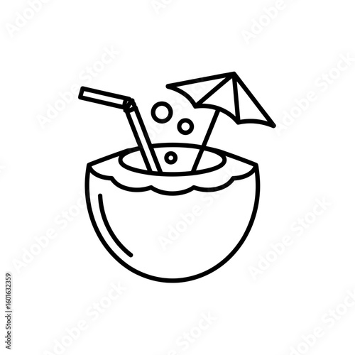 Simple line art icon of a refreshing coconut drink with a straw and umbrella