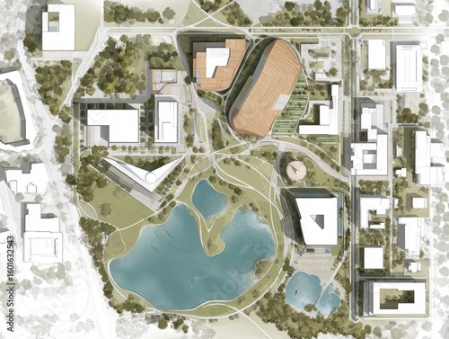 Aerial view of a campus masterplan showcasing modern buildings, landscaped green spaces, and two irregularly shaped ponds