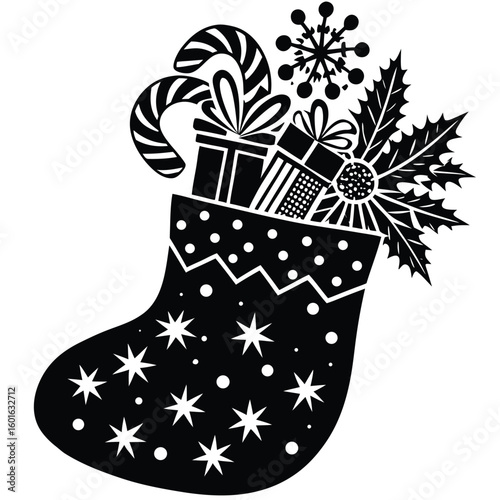 Pure black vector illustration of a traditional holiday sock with ribbon or star details, isolated on a white background.