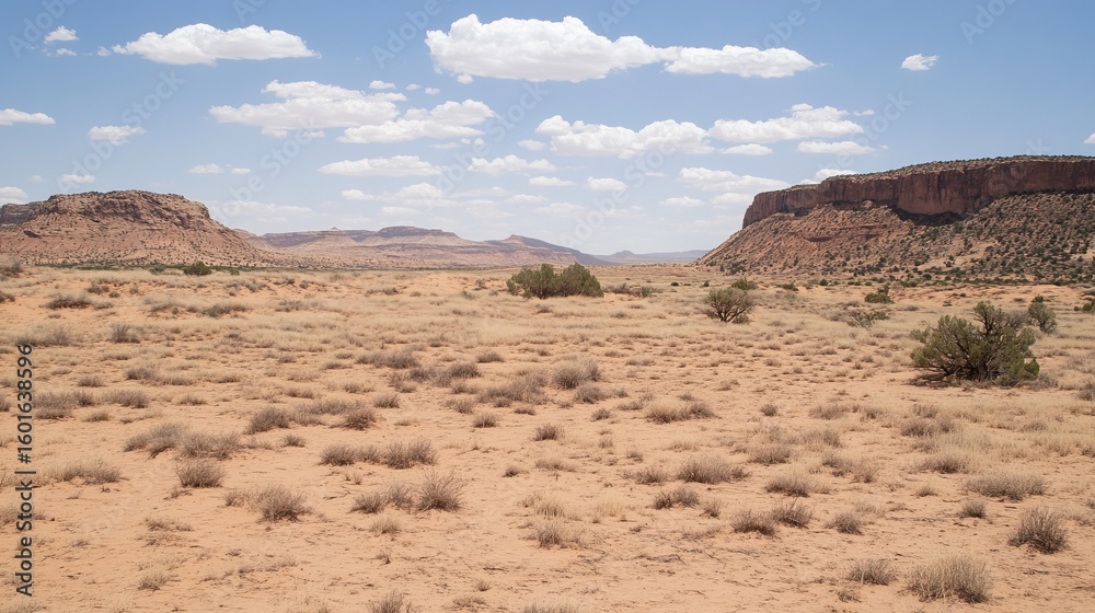Naklejka premium Desert landscape with low scrub, mesas, and a clear sky