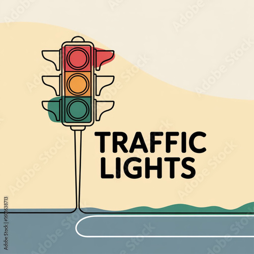 International traffic lights day.  Semaphore continuously single  one line minimalist  art illustration. vector background, banner, poster with lettering traffic lights.
