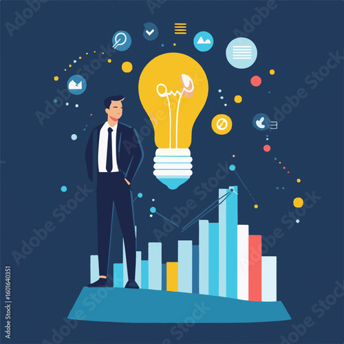 Innovative Business Solutions A Man Standing on a Bright Idea, Growth & Success