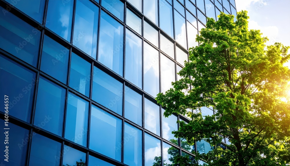 Fototapeta premium Contemporary glass office building with reflective windows and a sunlit green tree in a vibrant urban setting.