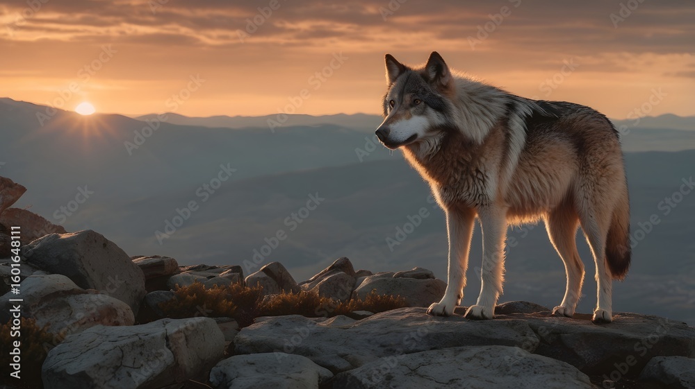 Fototapeta premium Majestic Wolf at Sunrise on Rocky Mountain Peak