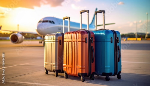 Vibrant suitcases on an airport tarmac with a plane in the background, capturing the essence of travel and adventure at sunset.