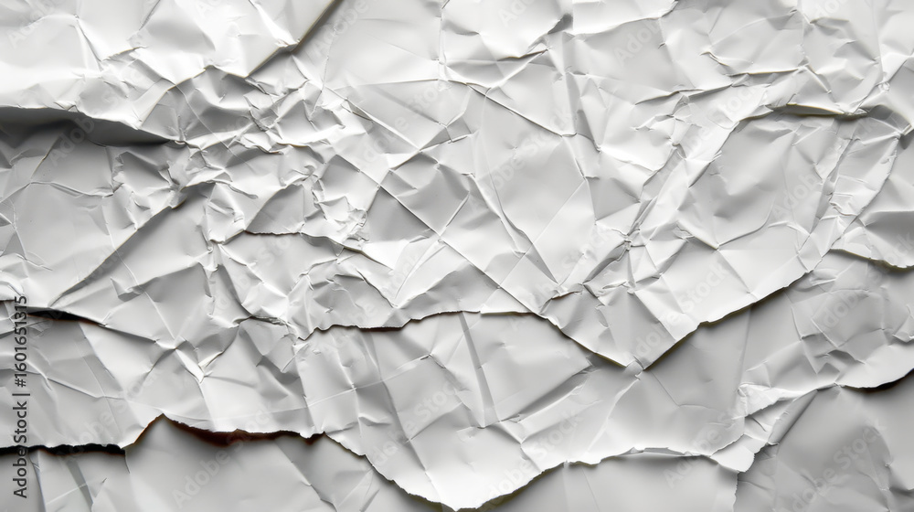 Fototapeta premium Crumpled paper texture background in white with shadows creates dynamic visual effect, perfect for various design projects. This versatile texture adds depth and interest to any composition