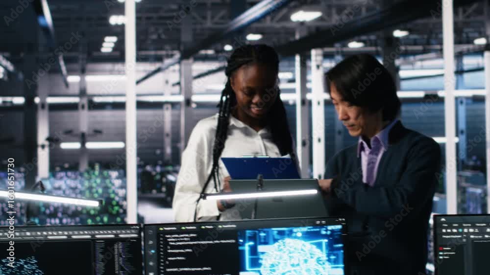 Team of data center engineers looking over paperwork and using deep ...