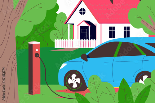 Electric car charging at home wall station in a vibrant green yard with a cozy house in the background, showcasing modern eco-friendly living and sustainable energy solutions