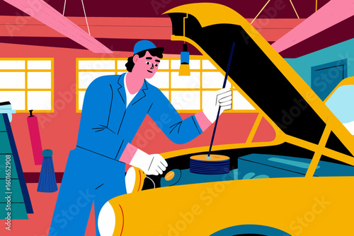 Mechanic in blue overalls repairs engine under open hood in vibrant garage, showcasing tools and equipment in flat vector illustration style with copy space