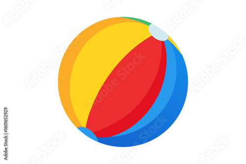 Colorful beach ball featuring vibrant red, yellow, and blue sections, centered on a clean white background, perfect for summer fun and playful activities