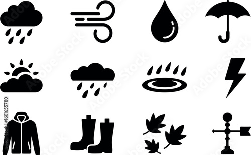 Vector weather icons: rain, wind, sun, autumn leaves, umbrella