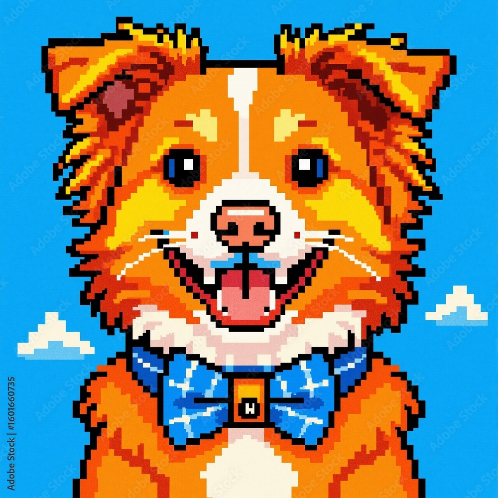Fototapeta premium Adorable pixel art dog, orange fur, blue bow tie. Retro 8-bit happy canine portrait. Cheerful illustration for games and cute designs