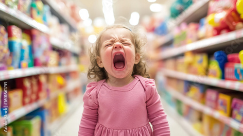 Emotional outburst in supermarket: toddler girl crying loudly amid colorful aisles