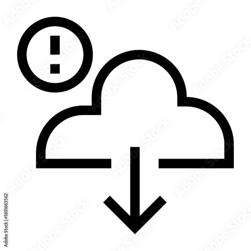 Icono de descarga fallida. Error, interrupción y problemas. Nube de almacenamiento con flecha hacia abajo y símbolo de alerta. Ilustración vectorial