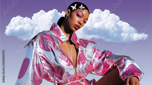 fashionable Asian girl with cloud background, fashion advertising concept