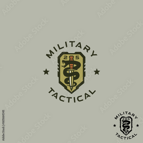 A tactical military shield logo featuring a viper coiled around a dagger.
The design combines strength and precision, symbolizing readiness and danger. Suitable for military or tactical gear branding
