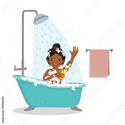 Little African girl taking a shower in the bathtub
