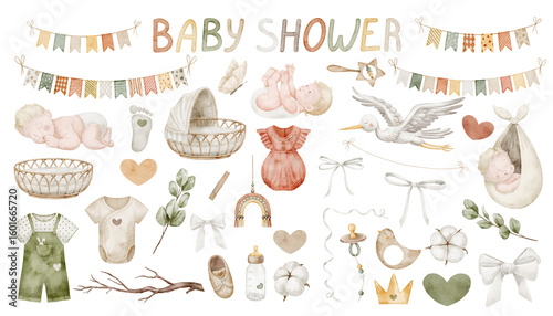 Watercolor set of Baby shower elements in neutral tones: Babies, clothes, accessories, stork, and garlands. Drawing for newborn invitations and childish party greeting card. Art of Infants for nursery