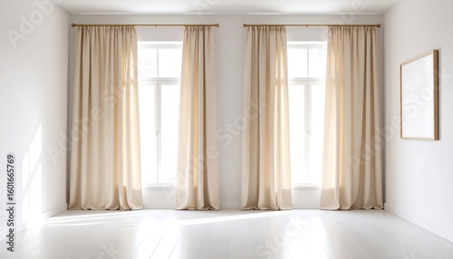 Empty room with large windows and beige curtains (1)