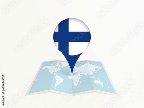 Finland Map Pin with National Flag on Open World Map.