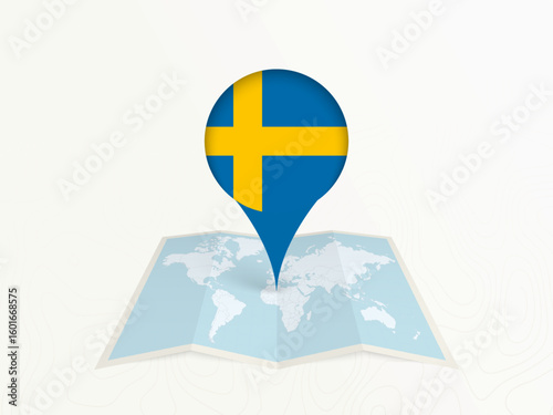 Sweden Map Pin with National Flag on Open World Map.