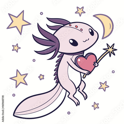 Cute Loving Axolotl, accessorized with holding a heart, in a Starry night world – Magical Night palette vector