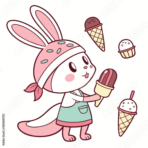 Cute Shy Axolotl, accessorized with wearing bunny slippers, in a Ice cream party world – Scoops & Swirls palette vector