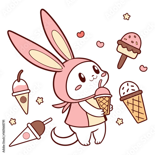 Cute Shy Axolotl, accessorized with wearing bunny slippers, in a Ice cream party world – Scoops & Swirls palette vector