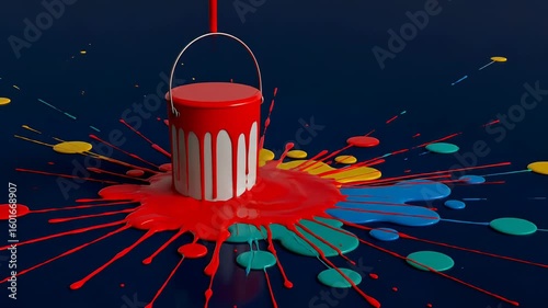 A paint can with red paint being poured and spills of color on a dark blue surface around it