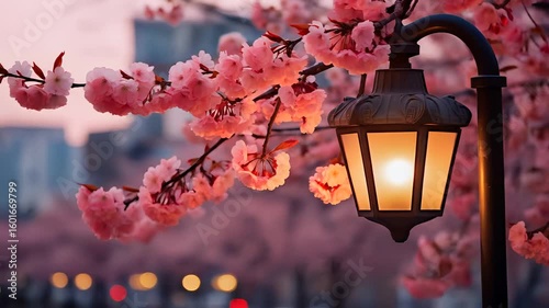 A street lamp surrounded by pink blossoms in the evening light creates a serene scene outdoors