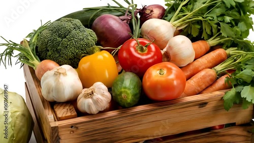 Assorted vegetables in a wooden crate on a white background studio shot close up view still life
