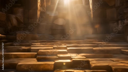 Stone steps leading up to a bright light with sun rays shining through the ancient ruins area