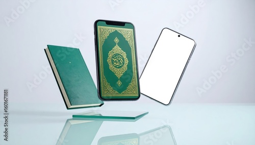 Digital Quran Application Interface Mockup Floating Above Reflective Surface in Green and White
