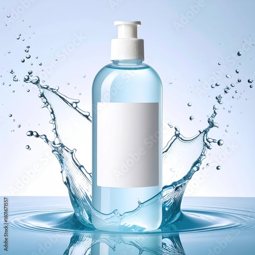 Dishwashing Liquid Bottle Mockup With Water Splash Isolated On Light Blue Background