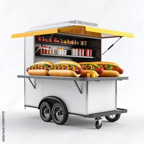 Hot Dog Stand On Wheels With Mustard And Condiments Displayed Against White Background
