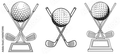 Golf Trophy  with Ball and Crossed Clubs on Pedestal — Symbol of Victory, Sports Achievement and Championship Award in Golf Tournament

