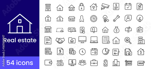 Real estate icon set with 54 minimal line illustrations including house, property, sold, rent, mortgage, agent, investment, agreement, contract, and home search symbols for realty and housing platform