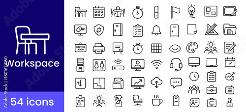 Workspace and office icon set with 54 minimal line illustrations including desk, chair, meeting, calendar, monitor, teamwork, printer, lightbulb, coffee, and file symbols for business tools and remote