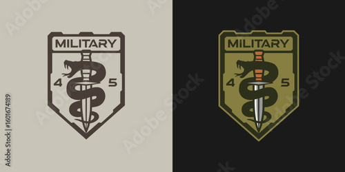 A tactical military shield logo featuring a viper coiled around a dagger.
The design combines strength and precision, symbolizing readiness and danger. Suitable for military or tactical gear branding
