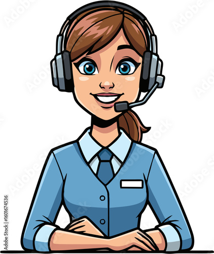 Smiling female customer service representative wearing headset, ready to assist.