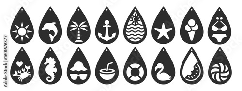Set of cute summer designs for earrings, pendant or keychain. Beach theme jewelry templates. Laser cut with leather, wood or metal. Vector stencils of hanging bijouterie. Vacation jewellery silhouette