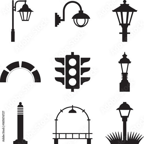 Collection of black silhouette icons representing streetlights traffic lights and architectural elements