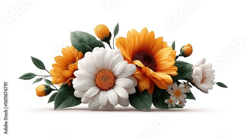Bright and cheerful watercolor flower clipart with daisies, sunflowers, and leaves, arranged in a cluster